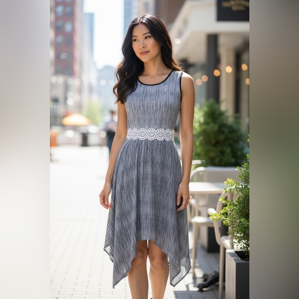 Sleeveless Gray Dress with Lace Waist & Handkerchief Hem